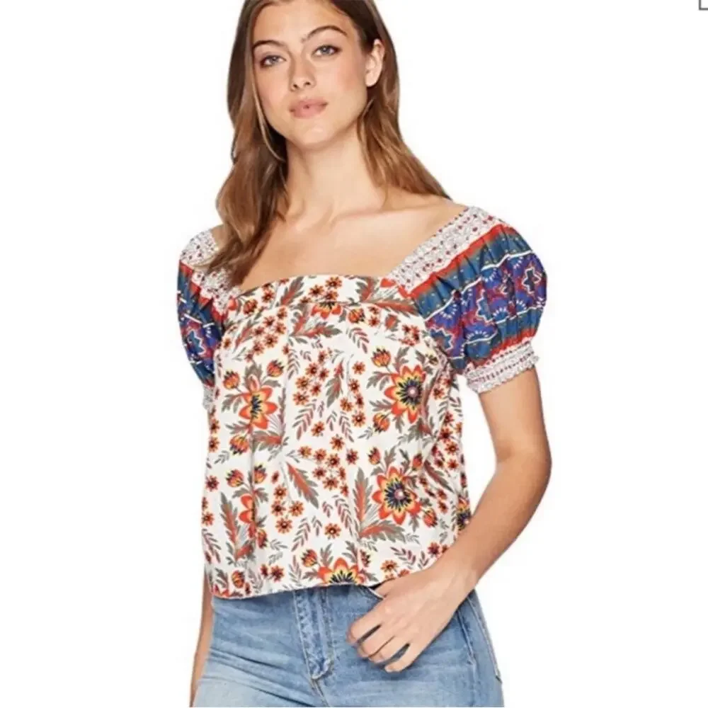Joie SZ XS Cleona Puff Sleeve Cropped Floral Top farm rio bright
